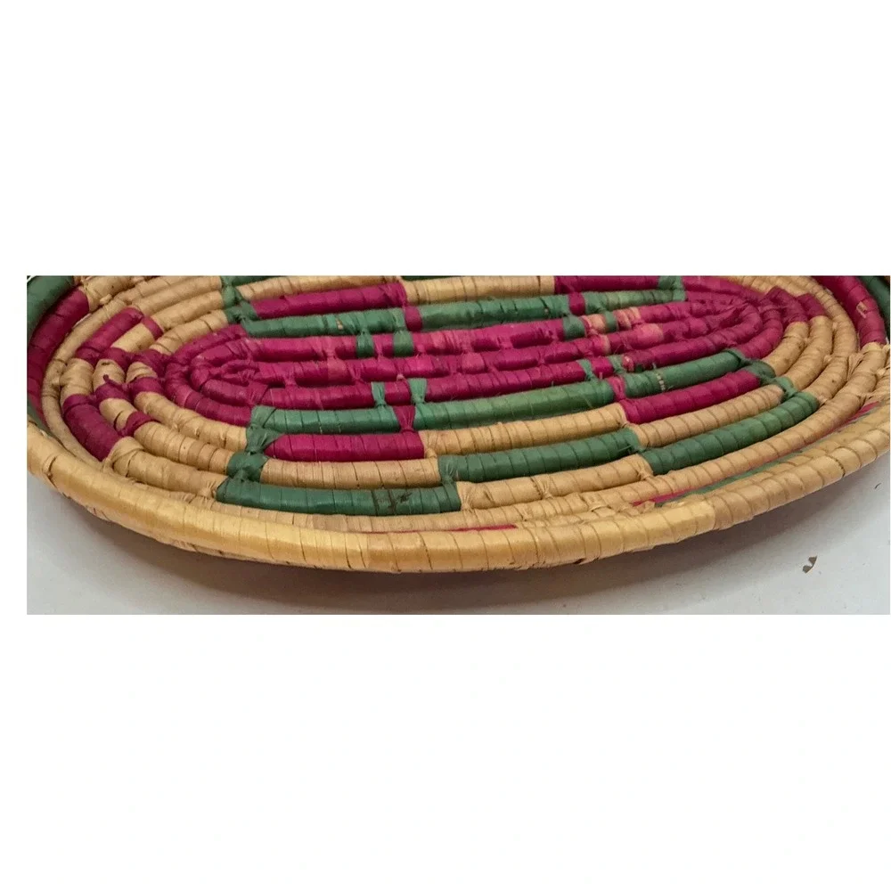 Vintage Woven Coil Basket Oval Pink‎ Green Geometric Boho Decor 10.5in